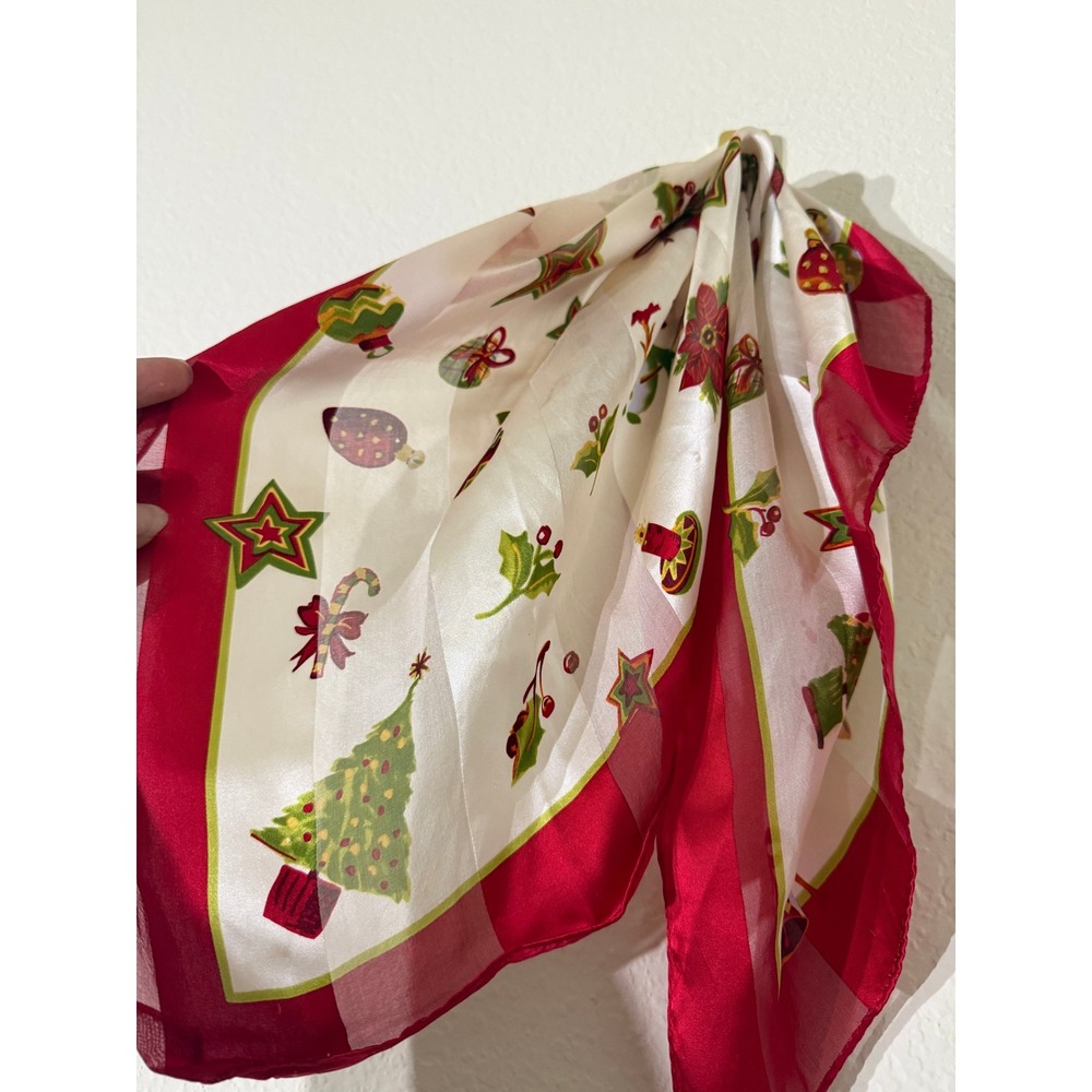 Liz Claiborne Christmas Holiday Snowman Tree Red White Silk Scarf 21x21 - Picture 2 of 5